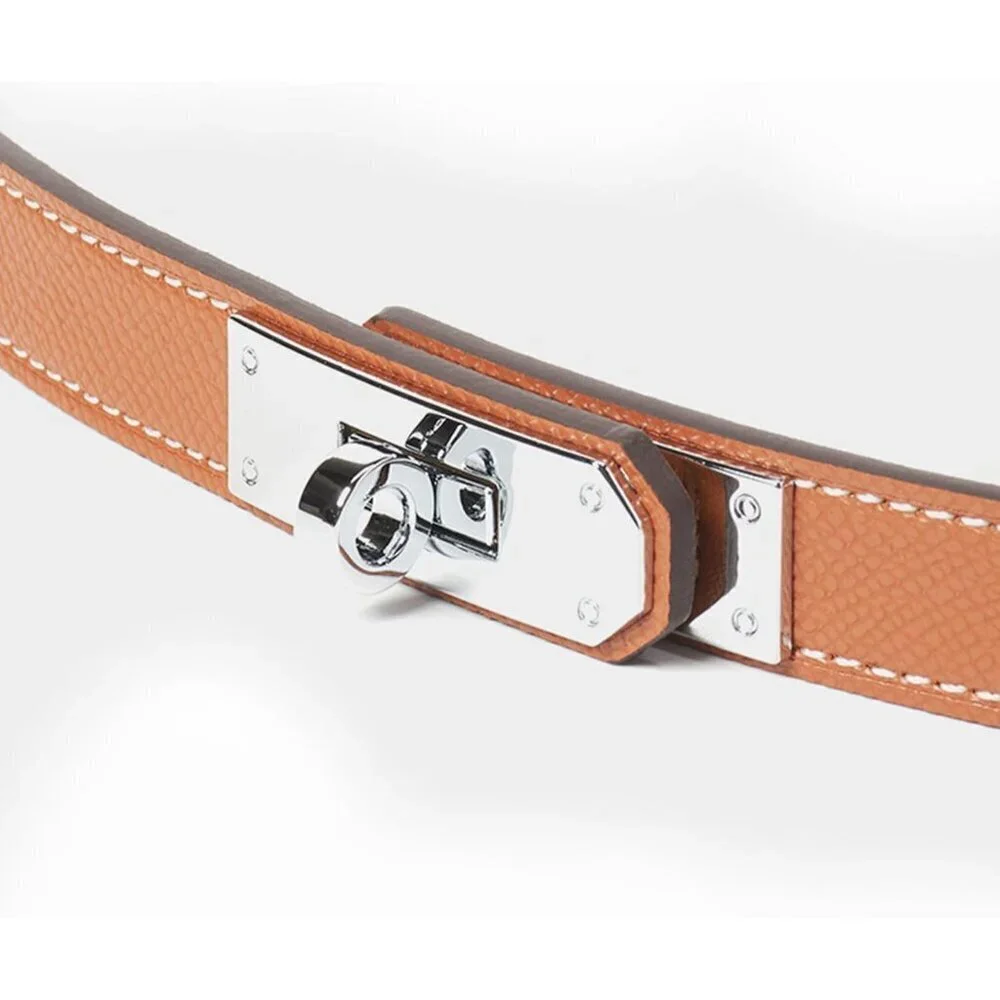 Women’s Leather Skinny Belt Adjustable Solid Color Alloy Turn Lock for Dresses